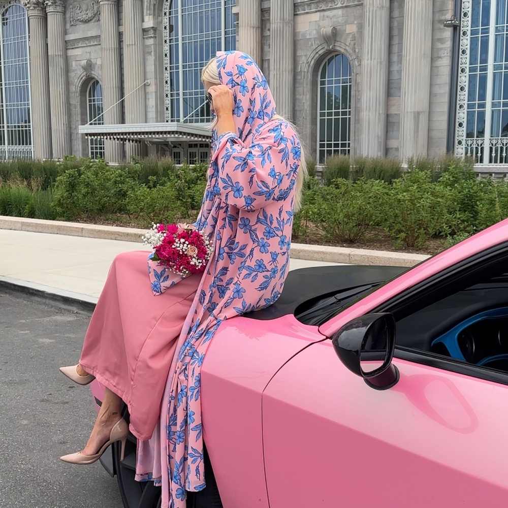 3 Piece Pink Floral Abaya Kimono
